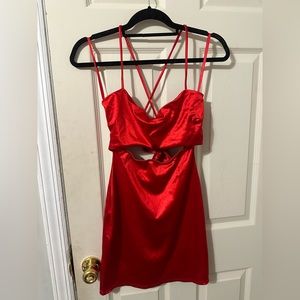 Red Cutout (Front and Back with tie) Satin Mini Dress